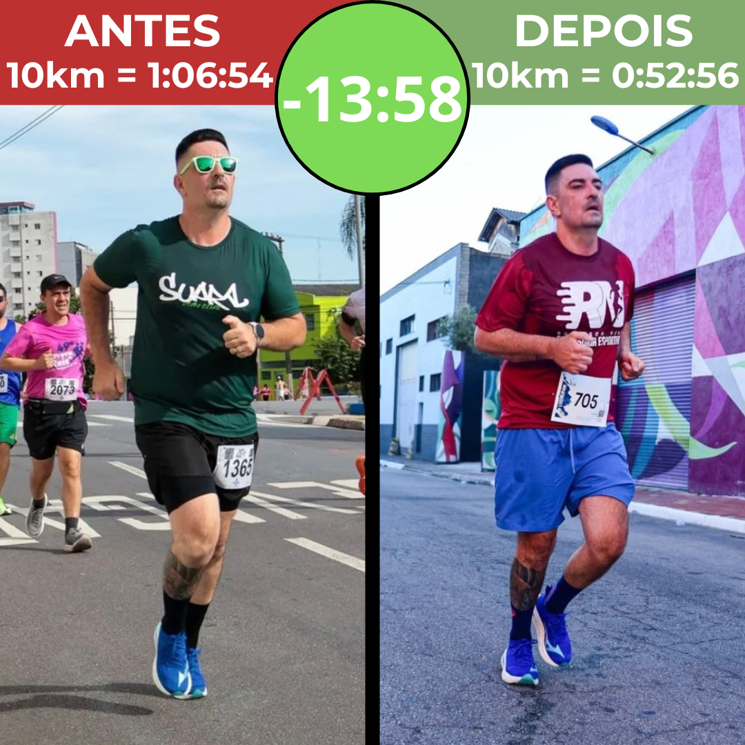 Resultado de aluno: melhora de treze minutos e cinquenta e oito segundos nos 10 quilômetros